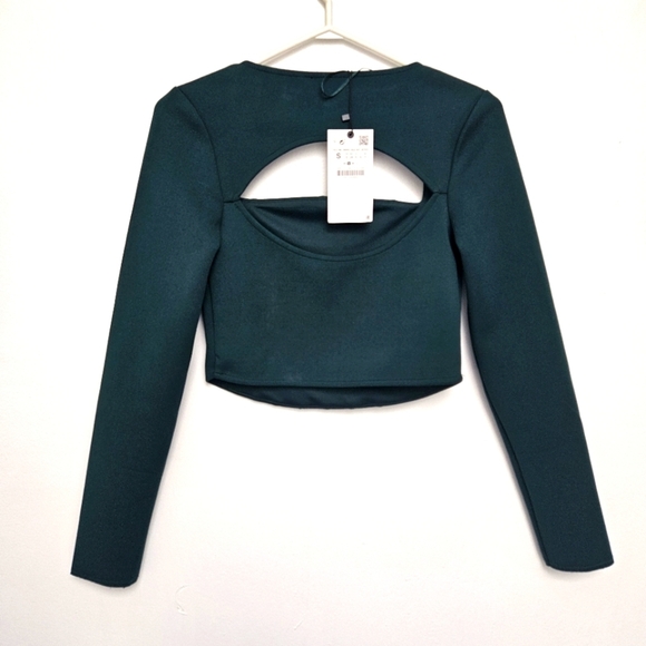 Zara Emerald Green Sz Small Cropped Piped Open Back Stretchy  Long Sleeve Blouse - Picture 5 of 9